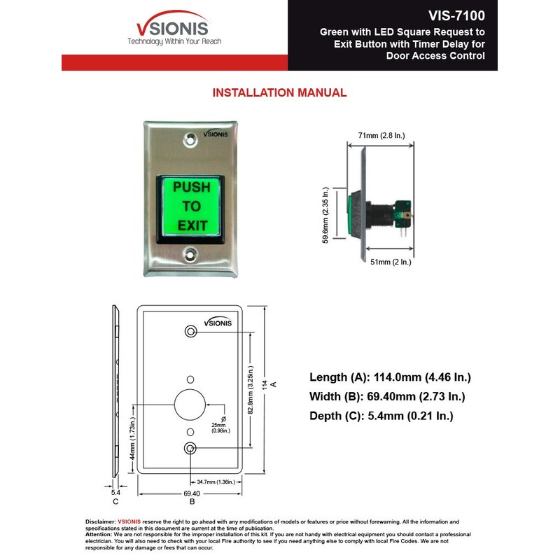 Visionis VIS-7100 Green LED Square Request Push to Exit Button