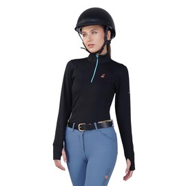 Preto Maglia termica da donna, a maniche lunghe, per atletica, abbigliamento equestre e attrezzatura per equitazione (nero/acqua), Nero/acquamarina., Large Di Più