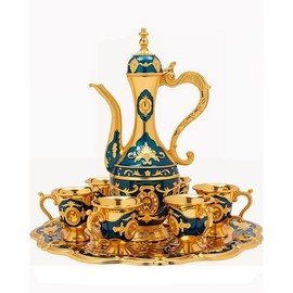Vintage Turkish Tea Set with Tray and 6 Cups Exquisite Wine Pot Set Decorative Retro Tea Service Set for Home Party Decor (Golden Blue)