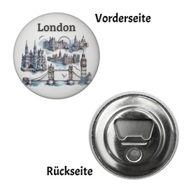 Skyline London Round Bottle Opener Magnet Souvenir with View of Big Ben Tower Bridge London Eye Buckingham Palace