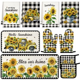 Fanfanwin 10 Pcs Boho Oven Mitts Pot Holders Anti Fatigue Kitchen Rug and Towel Set Floral Non Slip Kitchen Mats Kitchen Decor Kitchen Towels for Baking Cooking BBQ Gifts Kitchen Decor(Sunflower)
