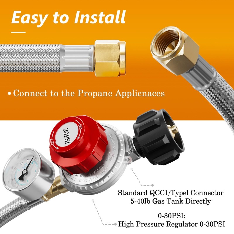NUPICK 12FT 0-30 PSI Adjustable High Pressure Propane Regulator with