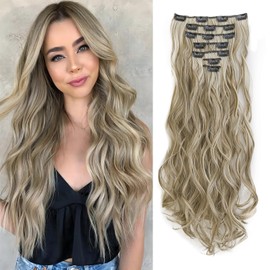 Dcbaboo Clip-In Hair Extensions, Wavy, 7 Pieces, 50 cm, Hair Extensions, Wavy Like Real Hair, Synthetic Hair Curls, Long, Golden Brown & Bleach Blonde
