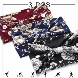 Aceorna Boho Button Headband Wide Knotted Hairbands Stretch Nurse Headbands Women Head Wraps Workout Ear Saver Hair Band Leopard Turban Headwear Yoga Hair Accessories for Women and Girls 3 Pcs (Set I)