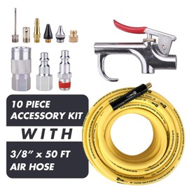 WYNNsky Air Compressor Accessories Kit, 3/8 Inch × 50 Feet Hybrid Air Hose with 1/4 Inch Male NPT Brass Connection, Bend Resistent, 3 Pieces Industrial Air Fittings, Air Blow Gun with 6 Pieces Nozzles