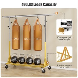 Gewudraw Heavy Duty Clothes Rack Load 480 LBS Metal Clothing Garment Rack Hang 200 pieces of clothing on Wheels Rolling Portable Collapsible & Adjustable with Hook for Hanging Clothes Gold