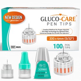 GLUCO-CARE Plus Pen Tips 33G x 4mm, Universal Fit, Comfort Design, 100/bx, Flat Base for Optimal Skin Contact and Extra Thin-Wall Technology for Optimal Flow and Fast delivery