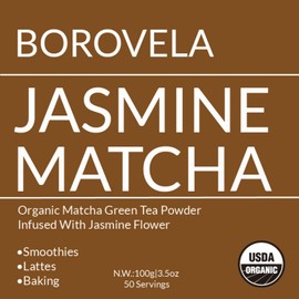 Organic Jasmine Matcha Green Tea Powder infused with Jasmine flower aroma - Culinary Grade USDA Certified - Green Superfood - Borovela 100g 3.5oz (Jasmine 100g)