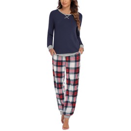 Ekouaer Pajamas Women’s Long Sleeve Sleepwear Christmas Plaid Lounge Sets Winter Pjs With Pockets Blue Plaid,XX-Large