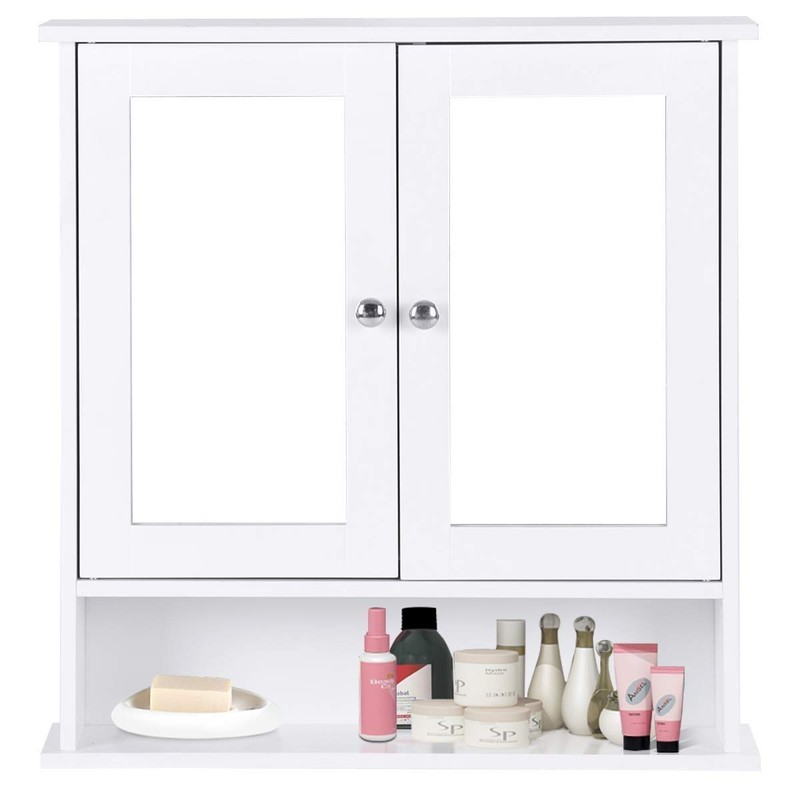 Multi-Function Toilet Wall Cabinet with Double Mirror Doors, Space-Saving Storage,