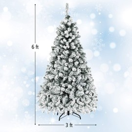 DORTALA Pre-lit Christmas Tree, 6 FT Snow Flocked Artificial Xmas Tree with 600 PVC Branch Tips, 250 Warm White LED Lights, Folding Metal Stand, Green