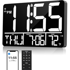 tawiliysy 13" Bluetooth Auto Sync Wall Clock - Large Digital Alarm Clock with Remote, 25 Ringtones, Dual Alarm, Adjustable Brightness, 12/24H, Auto DST, for Living Room, Kitchen, Office, Elderly