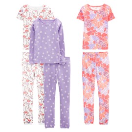 Simple Joys by Carter's Girls' 6-Piece Snug Fit Cotton Pajama Set, Lilac Dots/White Flamingo/Floral, 18 Months