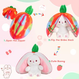 MIAODAM Rainbow Strawberry Bunny Stuffed Animal, Rainbow and Strawberry Bunny Plush Turn Into Rabbit Fruit Doll, Plushie Funny Bunny Toy for Baby (10 inch)