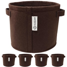 KASUMY Nonwoven Planter, 1 Gallon, Set of 5 (Width 18 x Height 15 cm), Brown | Thick 0.08 inch (2 mm), Includes Loop Hook, Hanging, Ventilation & Drainage, Perfect for Home Gardening, Nursing