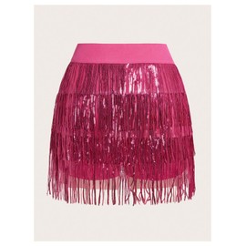Floerns Women's Sparkly Sequin Fringe Skirt Belly Dance Disco Tassel Rave Mini Skirt Hot Pink Small