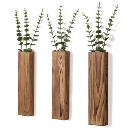 Mokof 3 Pack Wooden Wall Planters with Fake Eucalyptus Stems, Modern Farmhouse Wood Vases Plants Wall Decor for Living Room, Bedroom, Bathroom (Dark Brown)