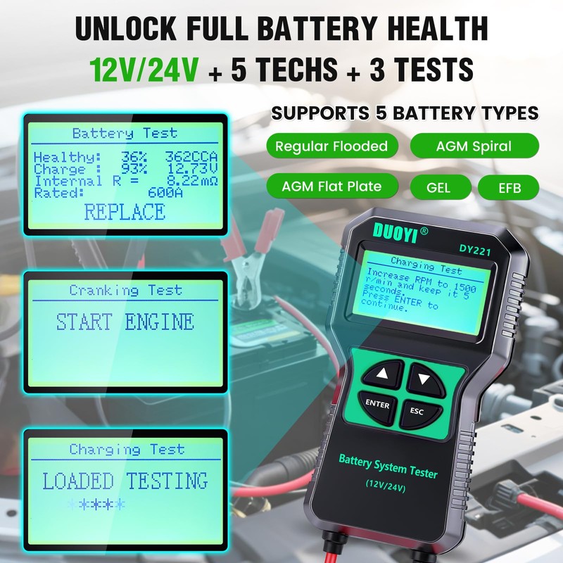 DUOYI DY221 Car Battery Tester, 12V 24V Digital Automotive Alternator