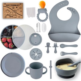 Baby Silicone Feeding Set, 16 PCS Baby Feeding Set, Toddler Led Weaning Utensils Sets with Suction Bowl and Plate, Set of Baby Spoons and Forks, Adjustable Bid, Sippy Cup with Straw and 2 Lids (Gray)