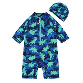 Jurebecia Baby Boy Swimwear Toddler Bathing Suit with Sun Hat One Piece Swimwear Baby Boy Swimming Suit Sun Protection Deep Blue 18-24 Months