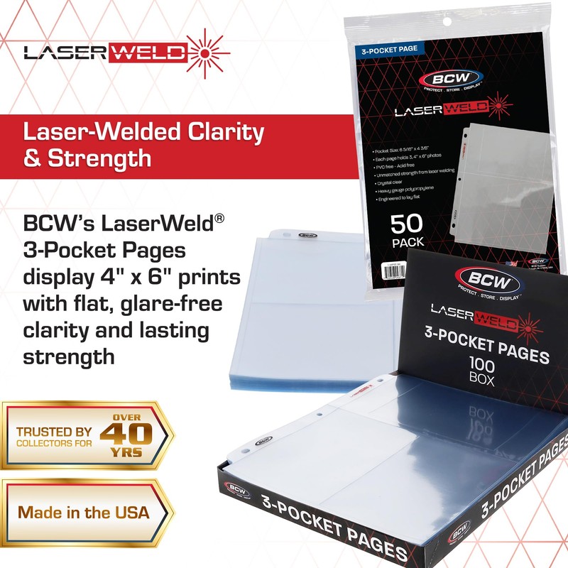 BCW Laserweld 3-Pocket 4x6 Photo Sleeves for 3 Ring Binder
