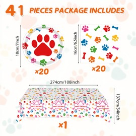 Juhap Dog Birthday Party Supplies Serves 20, Puppy Birthday Decorations, 41 Pcs Paws Party Tableware Includes 20 Plates 20 Napkins and 1 Tablecloth for Doggy Kids Dog Themed Decorations