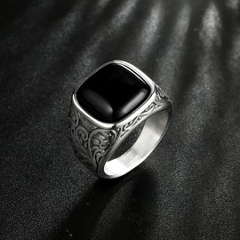 Vintage Black Onyx Ring for Men Stainless Steel Antique Swirl Pattern Ring Size 9