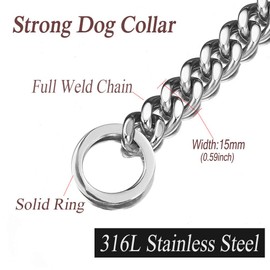 Fully Welded Steel Dog Collar,Length16-26inch,Heavy Duty Choke Cuban Dog Chain for Large Dogs,Strong Stainless Steel Links Slip Chain Training Collar (Wide:15mm-Silver)
