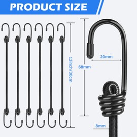 Kshineni 12 inch(30cm) Bungee Cords with Hooks, 6 Pcs Heavy Duty Outdoor Elastic Bungee Straps, Multi-Purpose Bungee Rope for Luggage, Camping, Tarps, Bike Rack, Kayaking（Black）