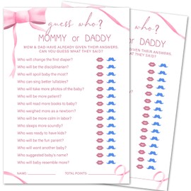 ZSHFMY Pink Bow Baby Shower Games Cards, Funny Baby Shower Games Party Activities Supplies for 30 Guest, Baby Shower Games for Girl - Guess Who Mommy Or Daddy -p08