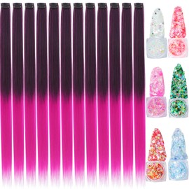 Colored Hair Extensions, 22 Inch Straight Clip in Hair Extension Body Face Hair Glitter Multi Color Rainbow Pink Red Hairpiece Extensions for Kids Girls Women (Glitter+Ombre Black Rose Purple)