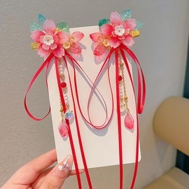 Chinese Hanfu Flower Hair Clips with Long Tassel, Red Pink Flower Traditional Hair Accessories for Women Girls
