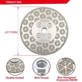 DT-DIATOOL Diamond Cutting and Grinding Disc 115mm x M14 Thread Flange Double Side Electroplated Diamond Blade for Granite Marble Natural Stone Tiles