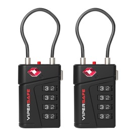 ViperSafe TSA Approved TSA008 Luggage Locks with Inspection Alert – 4-Digit Combination Travel Padlock with Flexible Cable for Suitcases & Backpacks (2-Pack, Black & Black)