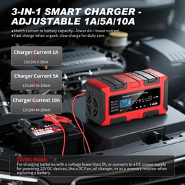 YONHAN Battery Charger 1A/5A/10A 12V/24V Adjustable Current LiFePO4 Car Battery Charger, Battery Maintainer Automatic Trickle Charger, Battery Desulfator w/Temp Compensation