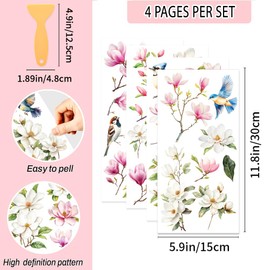 WEBEEDY 4 Pcs Magnolia Flower Rub on Transfer Stickers for Crafts,15x30cm/5.9x11.8'' Vintage Birds Furniture Stickers for Window Wood Glass Wall Art,Cups Envelope Bedroom Scrapbooking Decor