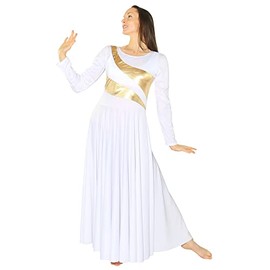 Danzcue Womens Metallic Worship Dance Dress, Metallic Bicolor Full Length Praise Dance Dress, White-Gold, MA