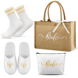 Hestya Set of 4 Bridal Gifts Set, Jute Carry Bag, Bridal Make Up Bag, Bride Slippers, Bride Socks, Bridal Accessories for Women, Wedding, JGA Bridal Shower, Engagement, Hen Night