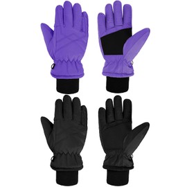 SATINIOR 2 Guantes Impermeables de Esquí para Niños Guantes de Nieve Cálidos Invierno (Negro, Morado, 4-7 años)