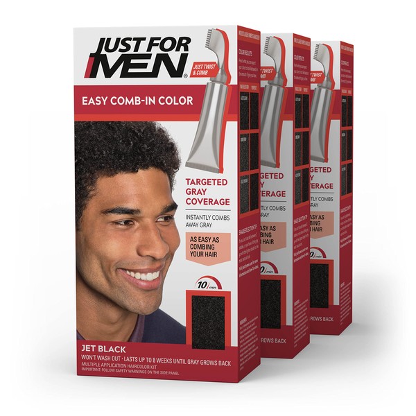 Just For Men Easy Comb-In Color Mens Hair Dye, Easy No Mix Application with Comb Applicator - Jet Black, A-60, Pack of 3