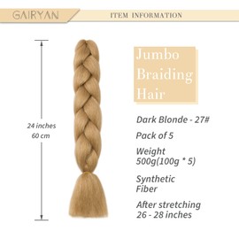 Gairyan Jumbo Braid Extensions, 60 cm, Synthetic Hair for Braiding, Hair Extensions, 5 Bundles, 500 g, Braiding Hair, Ombre, Braiding Extensions, Box Braids, Crochet Twists, Dark Blonde