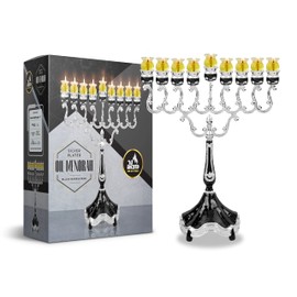 Ner Mitzvah Silver Plated Oil Menorah with Black Marble Accents, Fits Standard Chanukah Oil Cups and Large Candles, Modern Hanukkah Menorah, 11 inch High