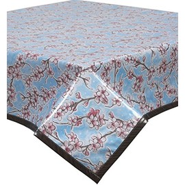 Freckled Sage Cherry Blossom Light Blue Oilcloth Tablecloth with Faux Bois Trim You Pick The Size