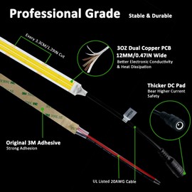 JOYLIT 24V COB LED Strip Lights 4000K Natural White Dual Row 16.4ft 967LM/FT Ultra Bright CRI 95+, UL Listed PRO 7.6W/FT 960LEDs/M High Density 12MM Wide Adhesive Tape Light Task Lighting