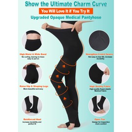MGANG® Compression Pantyhose, Open Toe, Waist High Compression Stockings Opaque, 15-20 mmHg Pantyhose, Firm Support Hose for Unisex, Edema, Varicose Veins, Swelling, Nursing, Black X-Large