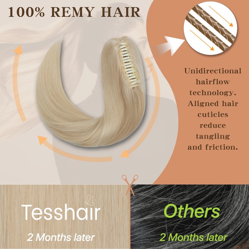 TESSHAIR Claw Clip In Ponytail Extension, 100% Human Hair Ponytail