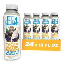 Blue Stripes Cacao Water - Cold Pressed Superfruit Hydration with Electrolytes & Antioxidants, No Sugar Added, All Natural, Great for Protein Shakes & Smoothies - Just Cacao, 24 Pack