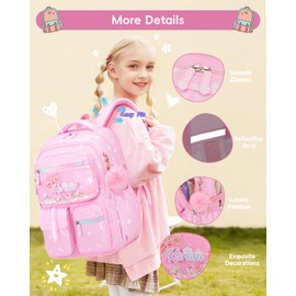 Tanou School Bag Girls 1st to 4th Grade, Ergonomic Primary School Bag for Girls with Thicker Back, Fantasy Children's Backpack with Pom Pom Pendant and Decoration, pink