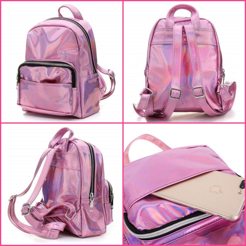 APOSITV Women's Rucksack, Metallic, Small, Silver, Pink, Sparkle, Lightweight, Hologram,