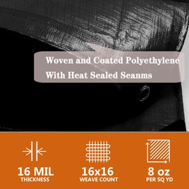 Tarps Heavy Duty Waterproof 6x6ft,TEZONG Black Poly Tarp Multipurpose Tarpaulin Outdoor Cover for Emergency Rain,Patio Furniture,Roof,Camping,Car,Pool,16Mil Thickness
